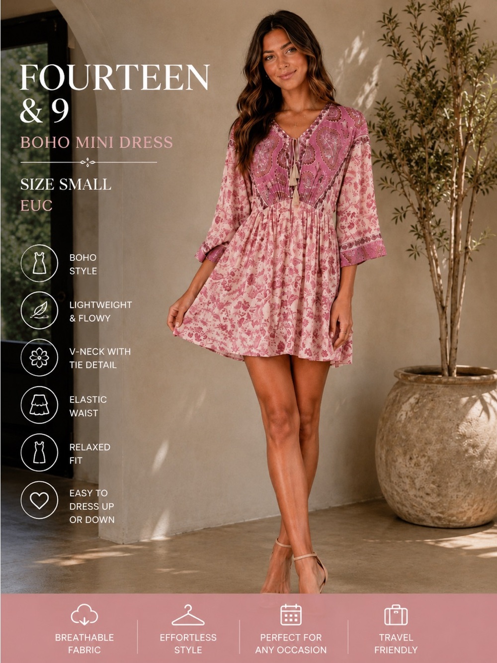 Fourteen & Nine Boho Paisley Mini Dress Pink Size Small Tassel Tie Festival